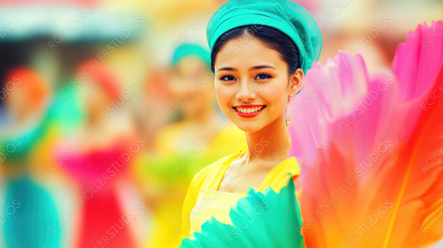 Radiant Young Woman in Yellow at a Colorful Cultural Festival