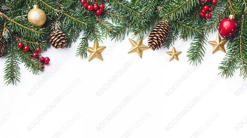 Christmas Pine Garland with Golden Stars, Pine Cones, and Red Ornaments on White Background