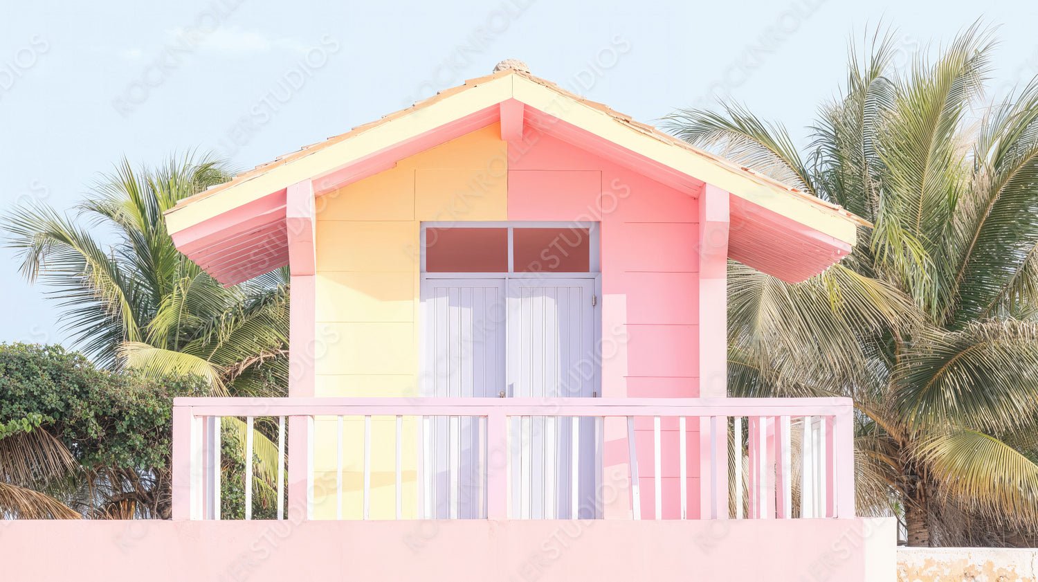 Charming Pastel Beach House with Tropical Palm Setting: A Perfect Summer Escape