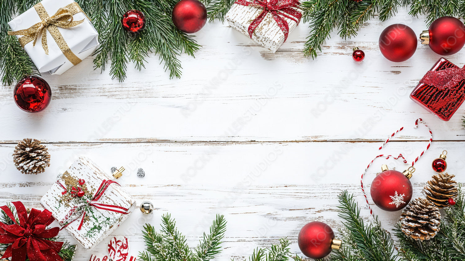 Christmas Garland with Pine Cones and Red Ornaments on Rustic White Wood