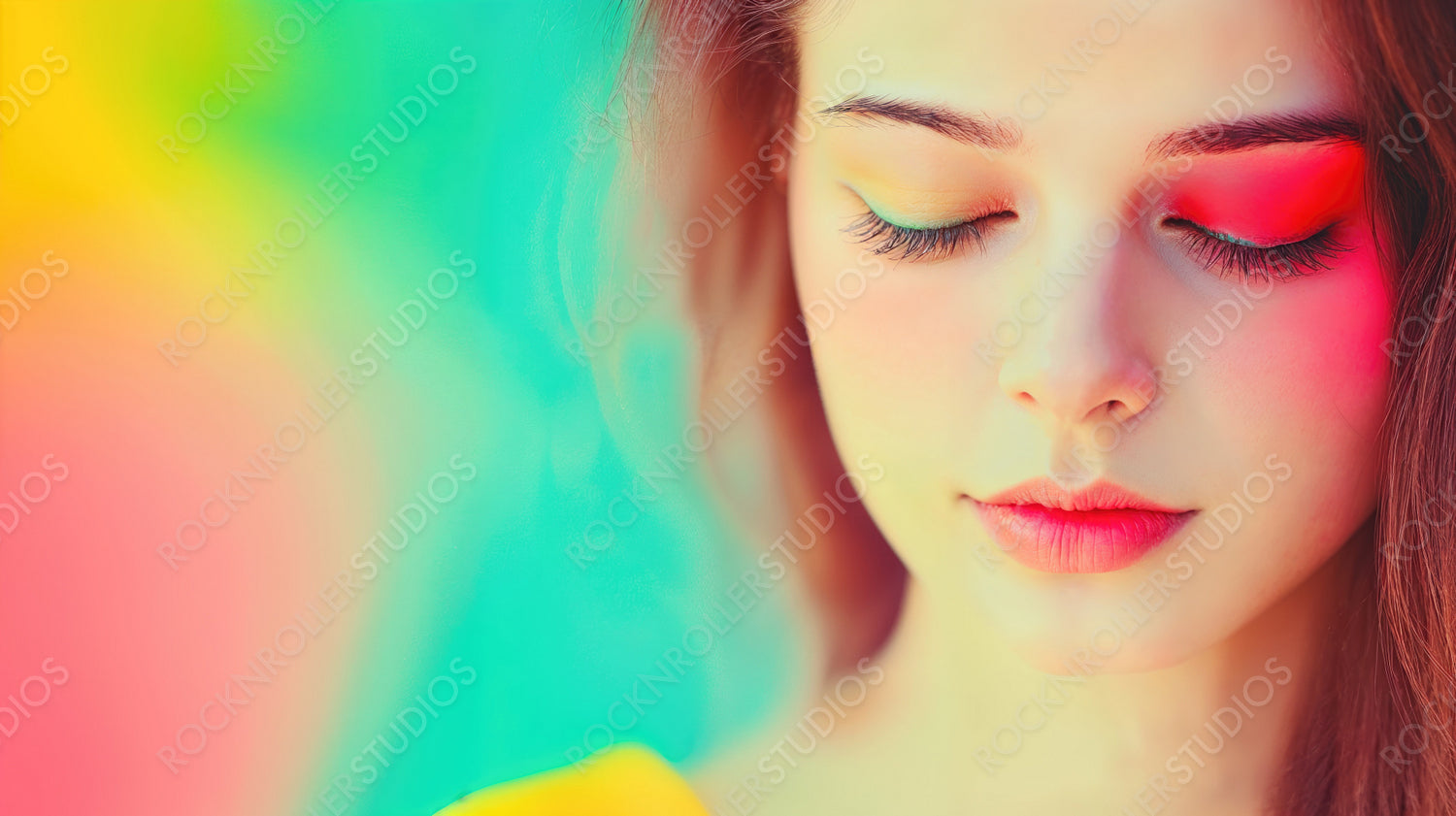 Serene Beauty in a Dream: Artistic Close-Up of Young Woman with Vibrant Makeup and Colorful, Ethereal Background