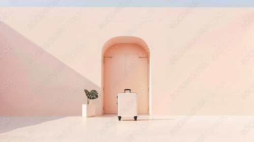 Stylish Suitcase in Front of Minimalistic Peach Door