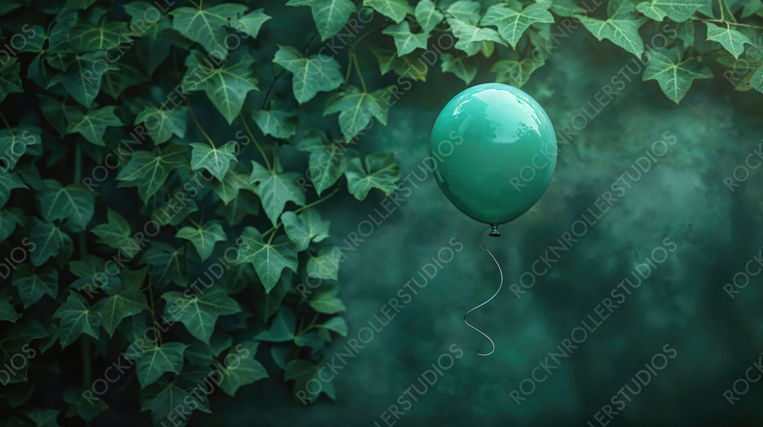 Solitary Green Balloon: Playful Contrast with Ivy-Covered Wall in Serene Summer Setting