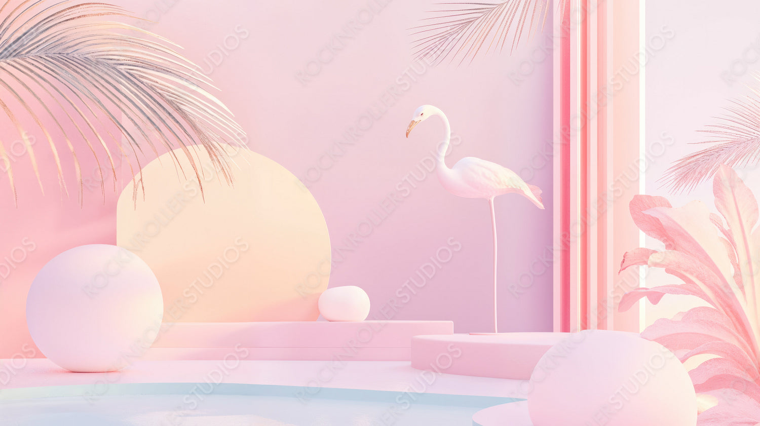 Pastel Paradise: Dreamy Sunset with Surreal Flamingo by Tranquil Waters