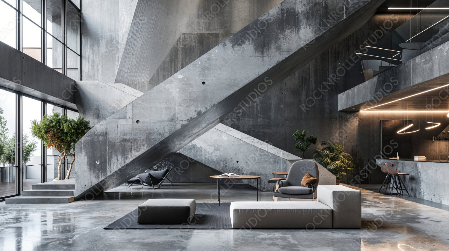 Modern Industrial Office Interior with Concrete Walls and Stylish Design