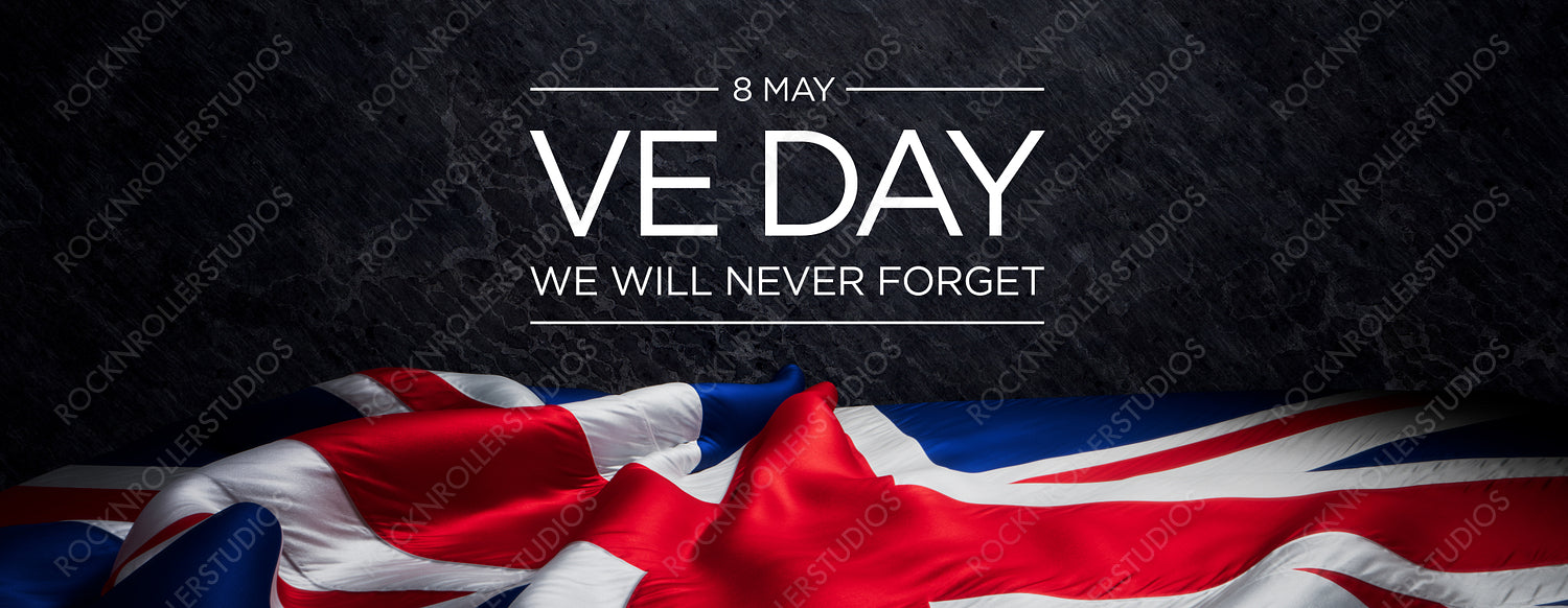 VE Day Commemoration with Union Jack on Textured Background - 'We Will Never Forget'