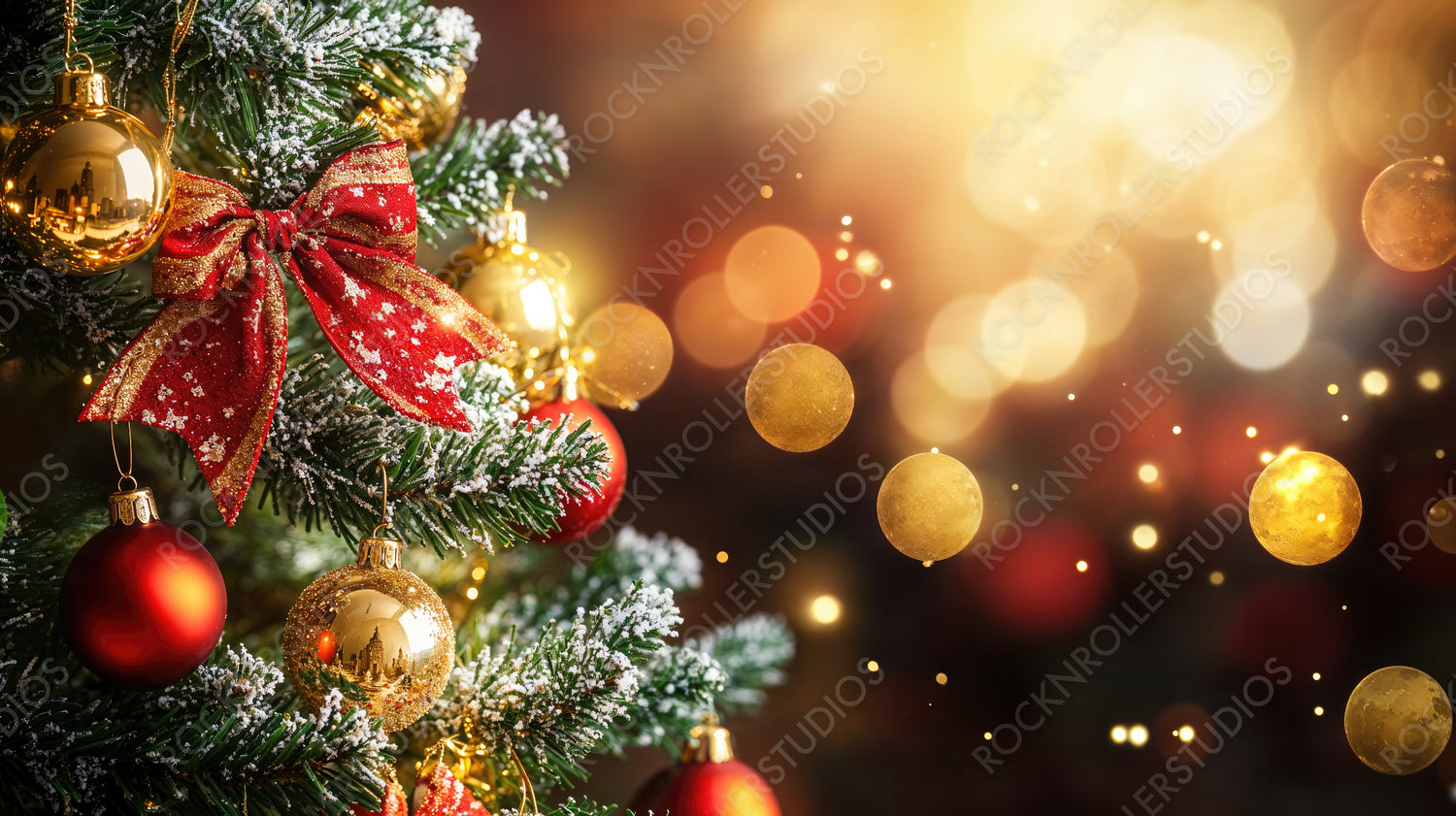 Christmas Tree with Red and Gold Ornaments and Twinkling Lights in a Cozy Setting