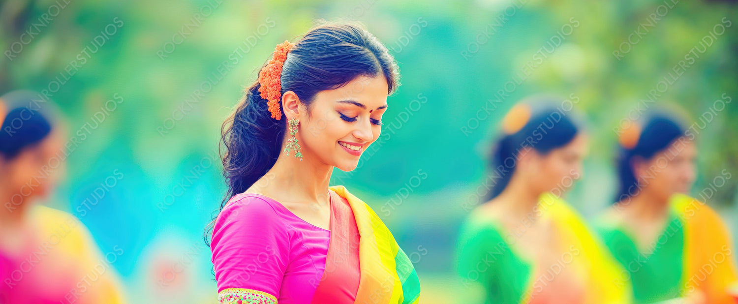 Radiant Smiles at Traditional Indian Festival: Women in Colorful Sarees and Jewelry Celebrating Outdoors