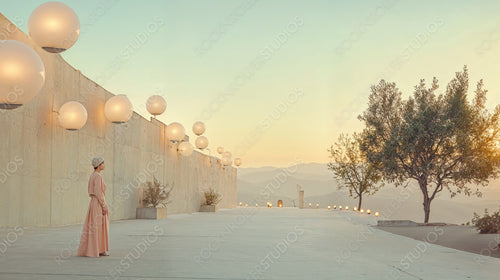 Golden Hour Serenity: Woman in Flowing Pink Dress Contemplates on a Minimalist Terrace with Mountain Views