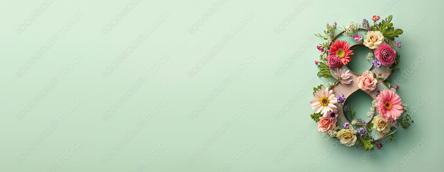 Elegant Botanical Banner to Celebrate International Woman's Day. Green Floral Design with Number 8, Flowers and Caption.