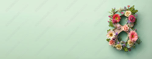 Elegant Botanical Banner to Celebrate International Woman's Day. Green Floral Design with Number 8, Flowers and Caption.
