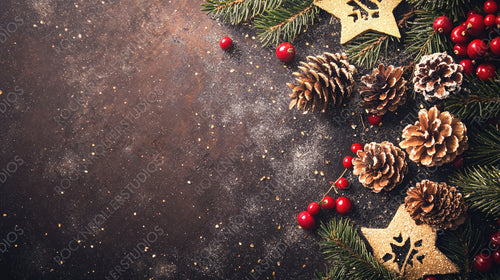 Rustic Christmas Decorations with Pine Cones, Snowflakes, and Ornaments on Dark Wooden Background