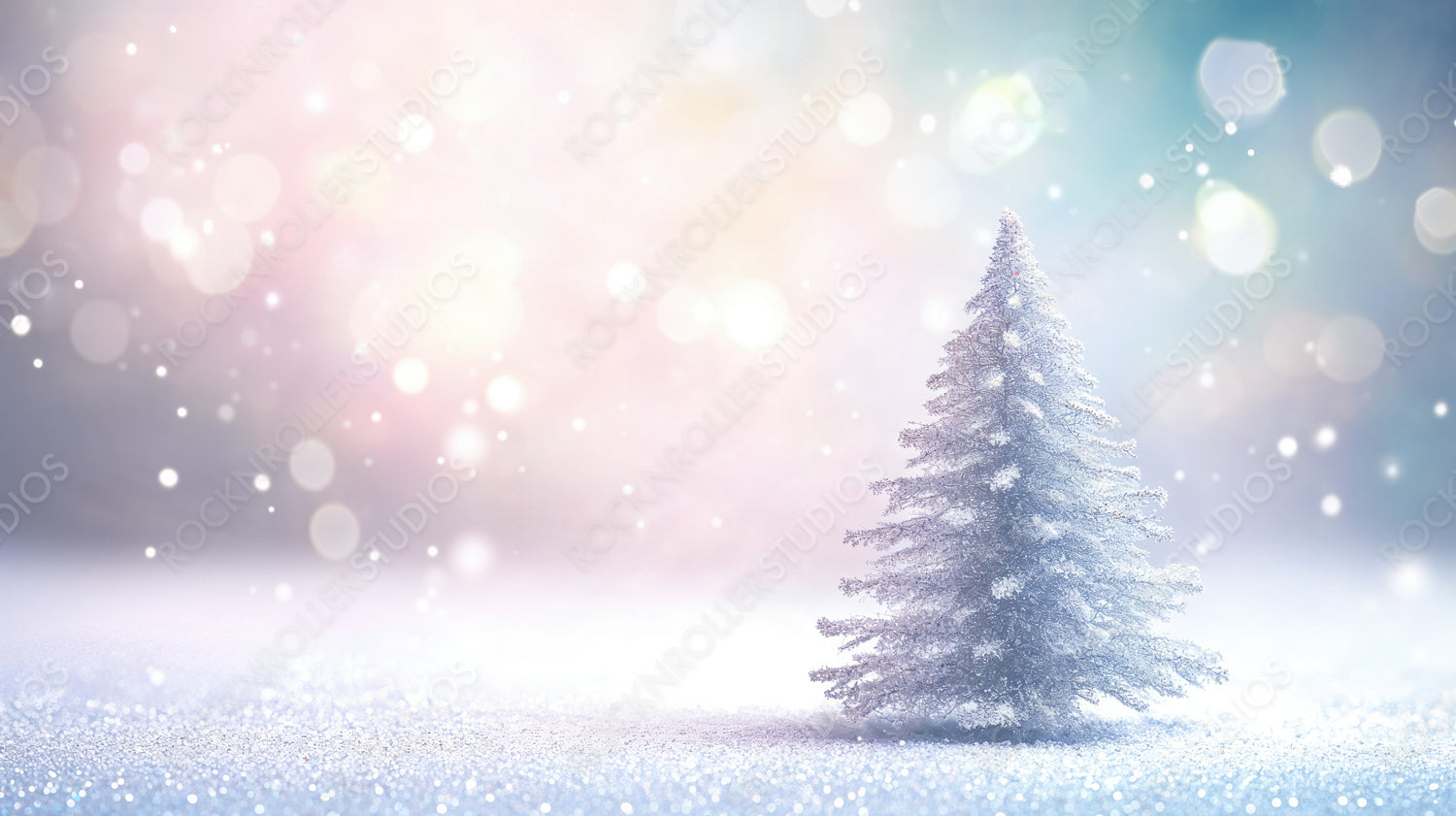 Soft bokeh lights surrounding a snow-covered pine tree in a magical winter landscape