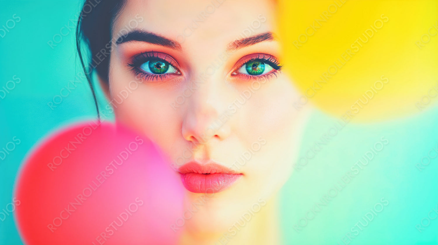 Vibrant Beauty: Artistic Close-Up of Woman with Green Eyes Amid Colorful Hues