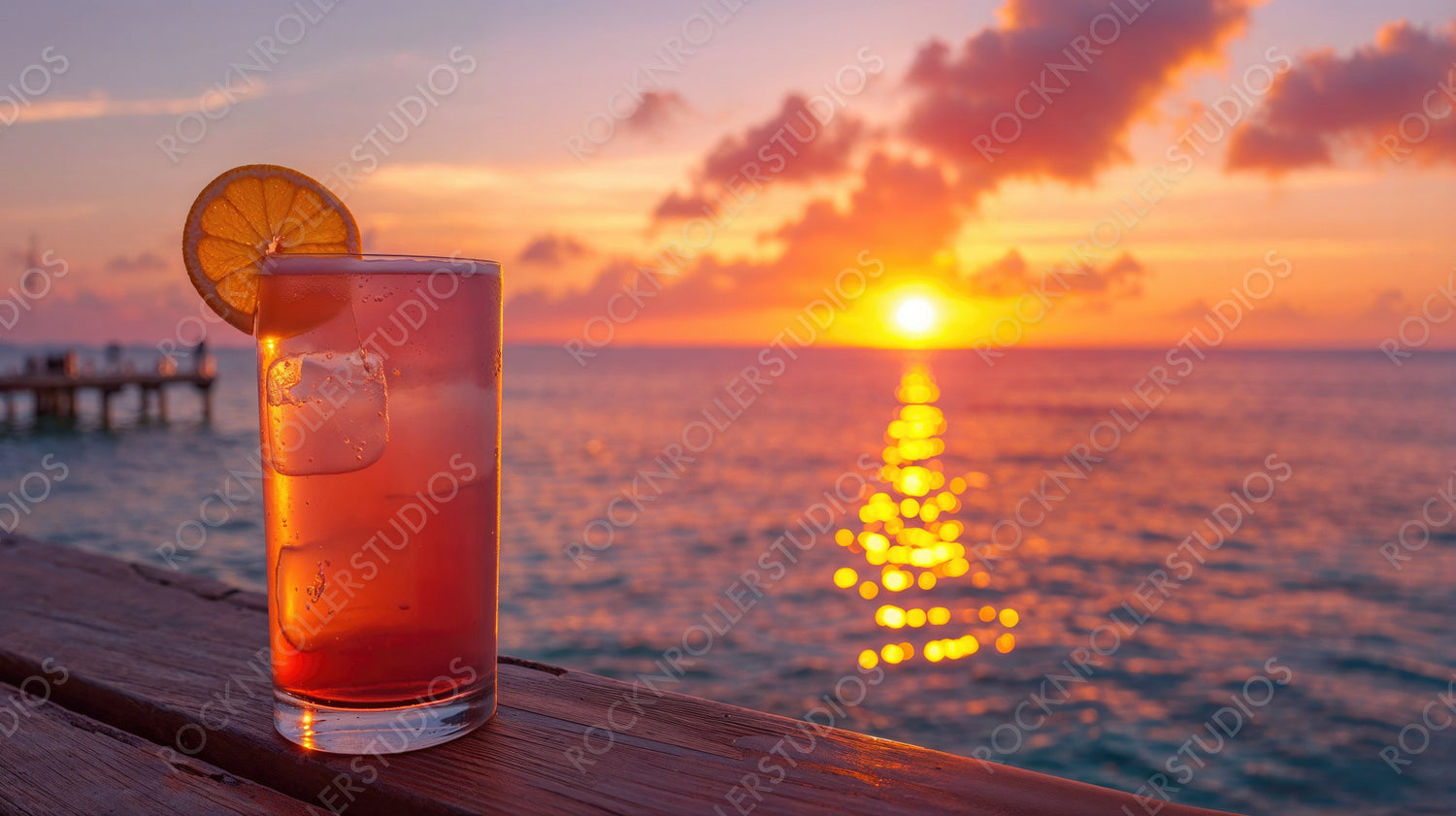 Tropical Drink with Ocean Sunset - Refreshing Beverage, Relaxing Atmosphere, Coastal View