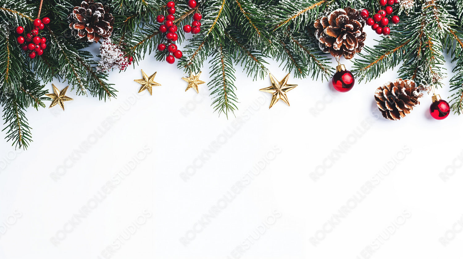 Christmas Pine Garland with Golden Stars, Pine Cones, and Red Ornaments on White Background