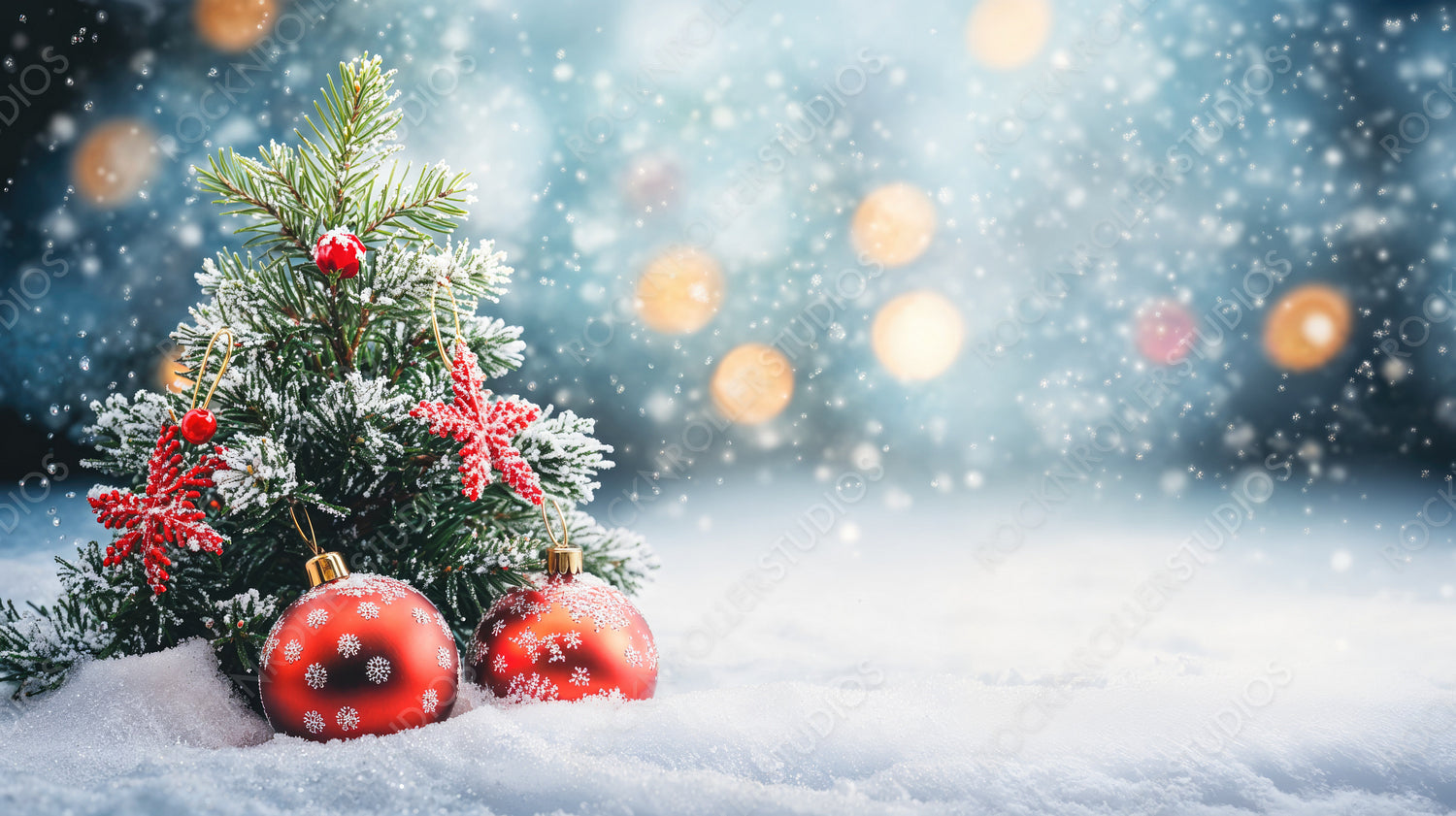 Snowy Christmas Tree with Red Baubles in a Winter Wonderland Setting