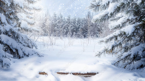 Wooden Deck Covered in Snow with Beautiful Snowy Pine Trees in the Distance