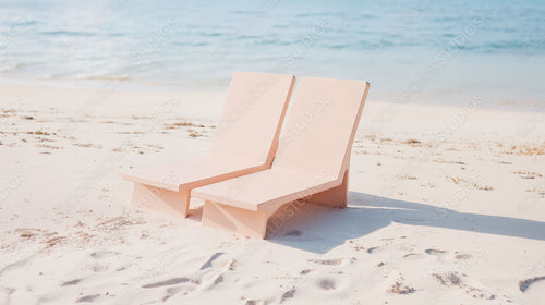 Relaxing Beach Scene with Peach Sunloungers and Calm Ocean