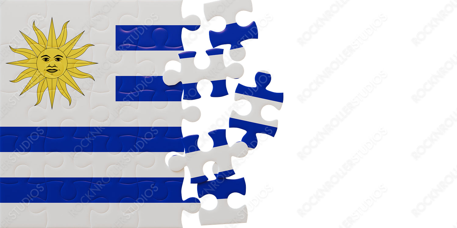 Unity in Pieces: Uruguay's Flag as a Jigsaw Puzzle with Prominent Sun of May Emblem