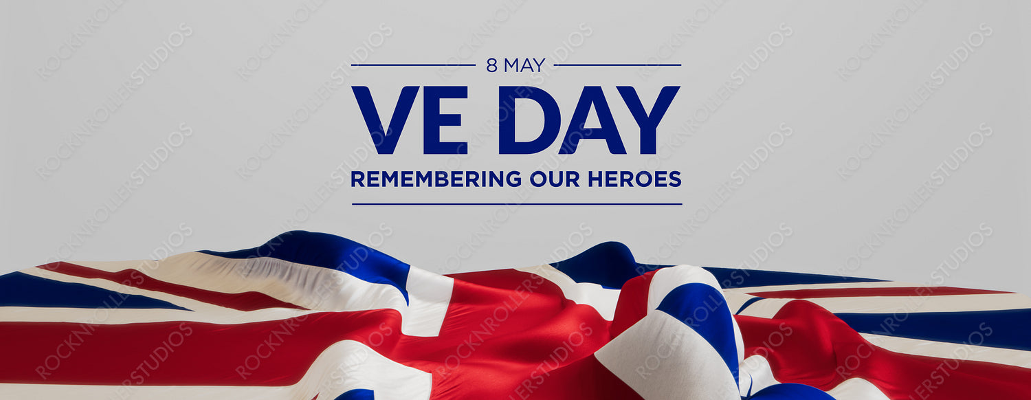 Vibrant VE Day Tribute: Union Jack Flag with 'Remembering Our Heroes' Text
