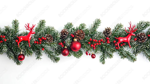 Festive Christmas decorations with red ornaments, pinecones, and fresh evergreen branches