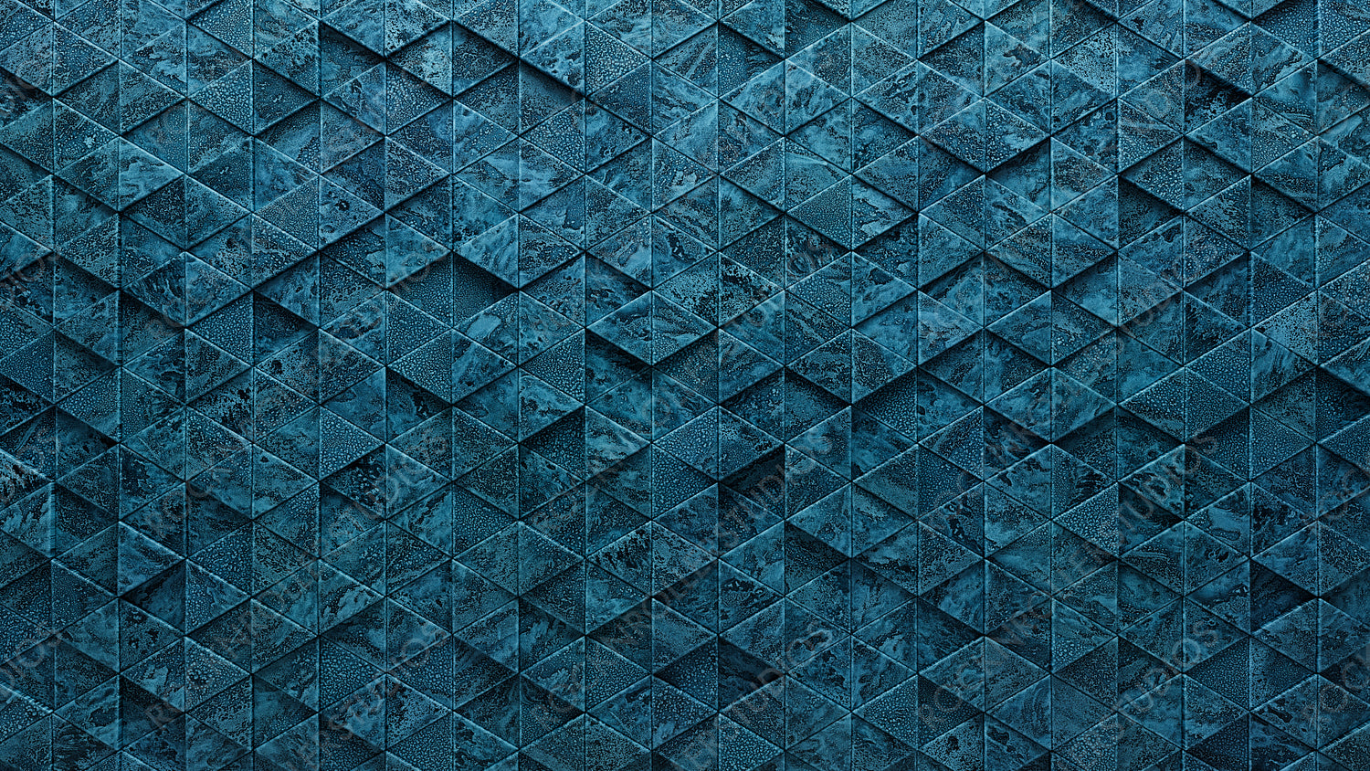 Blue Patina, 3D Wall background with tiles. Triangular, tile Wallpaper with Glazed, Polished blocks. 3D Render