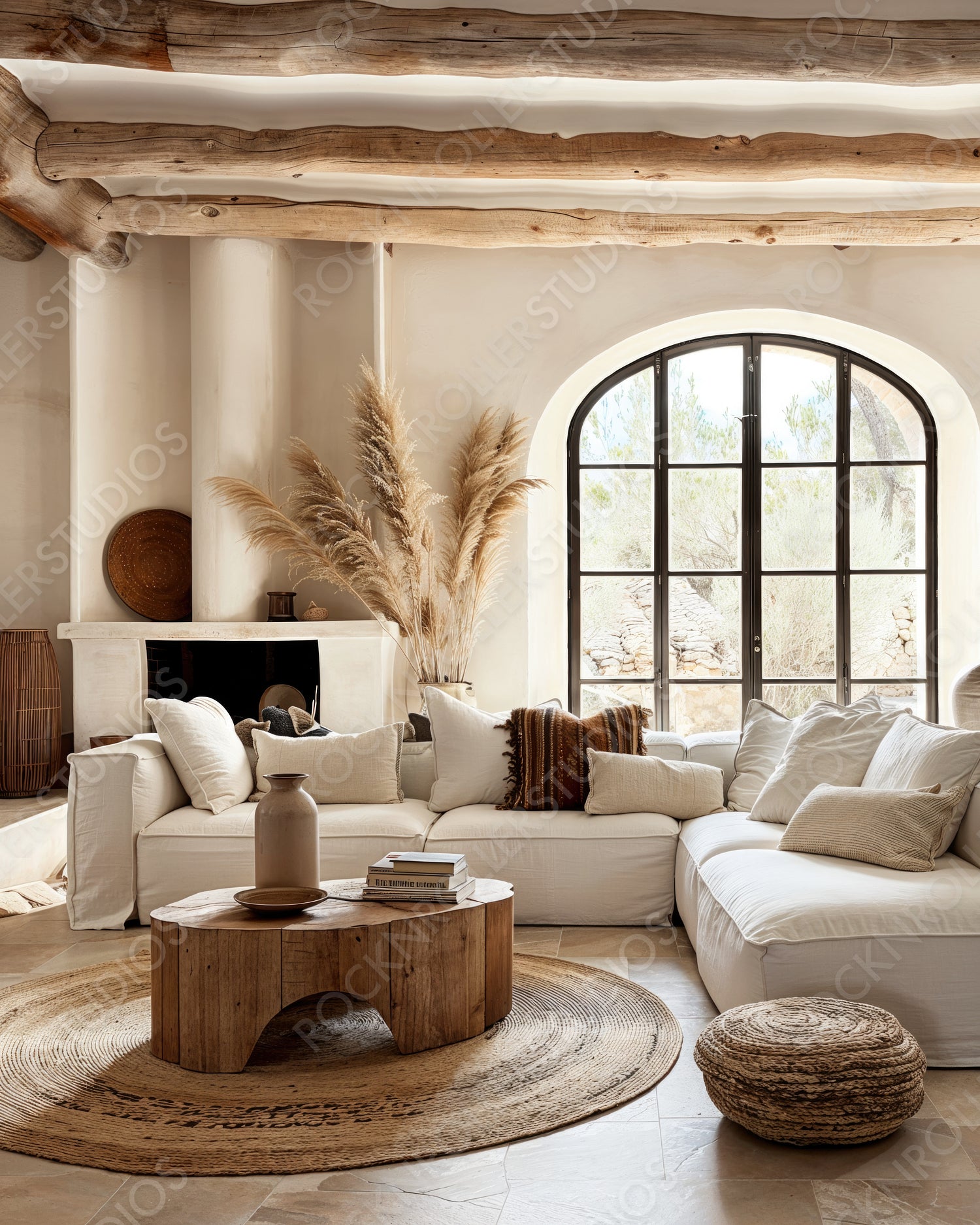 Chic Rustic Living Room Oasis with Earth Tones and Natural Textures