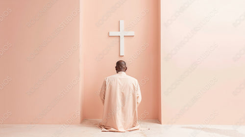 Man Praying in Serene Minimalist Space with Soft Pink Walls and Cross