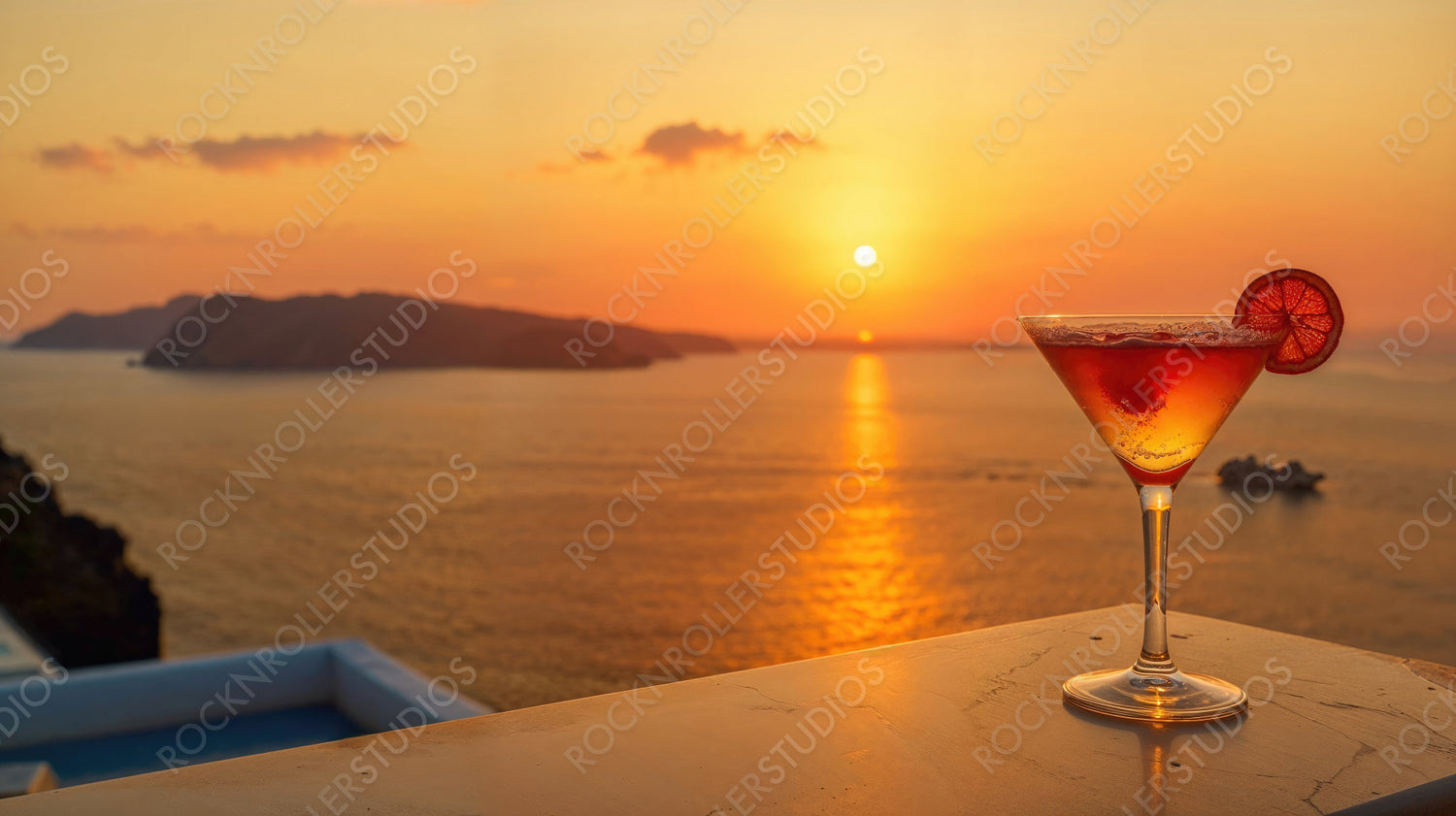 Exquisite Sunset Cocktail with Island View - Tropical Beach, Refreshing Drink, Sunset Bliss