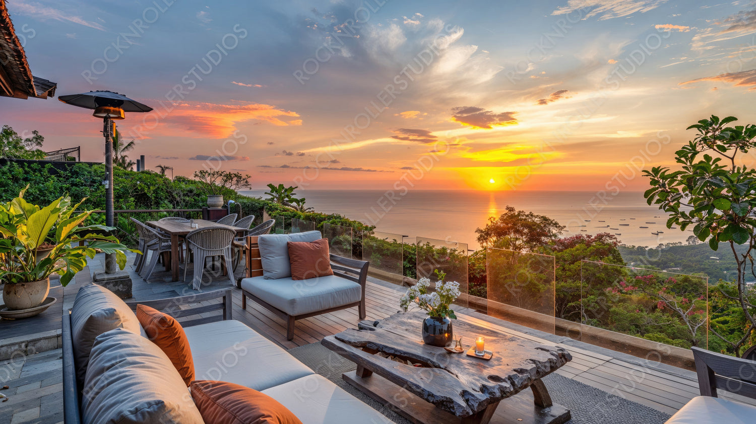 Elegant Terrace with Ocean View, Sunset Overlooking the Sea from Luxury Resort