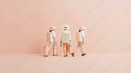 Three Travelers with Luggage and Hats Walking in Stylish Pastel Setting