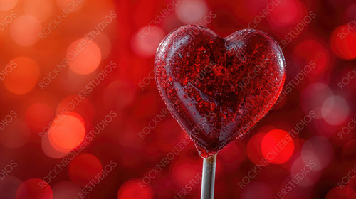 Red Lollipop in the Shape of a Love Heart against Defocused Background. Premium Valentine’s Day Background with copy-space.