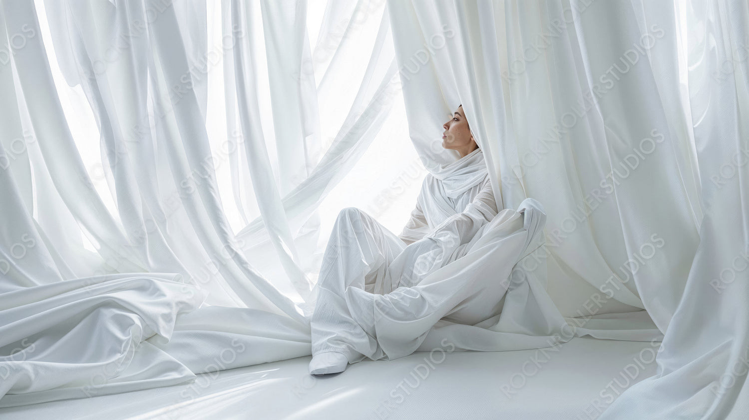 Serene Woman in White Surrounded by Flowing Curtains