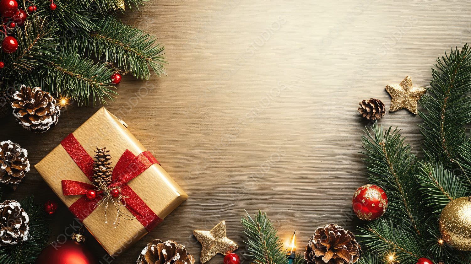 Holiday Cheer with Golden Presents, Ornaments, and Evergreen Branches on a Light Festive Background