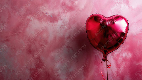 Pink Balloon in the Shape of a Love Heart against a Textured Pink Wall. Valentine’s Day Background with copy-space.