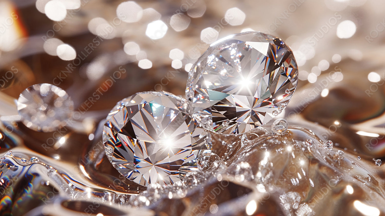Sparkling Diamonds on Reflective Surface with Bokeh Lights