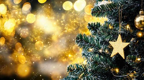 Golden holiday glow with sparkling Christmas lights and a decorated tree adorned with a glittering star