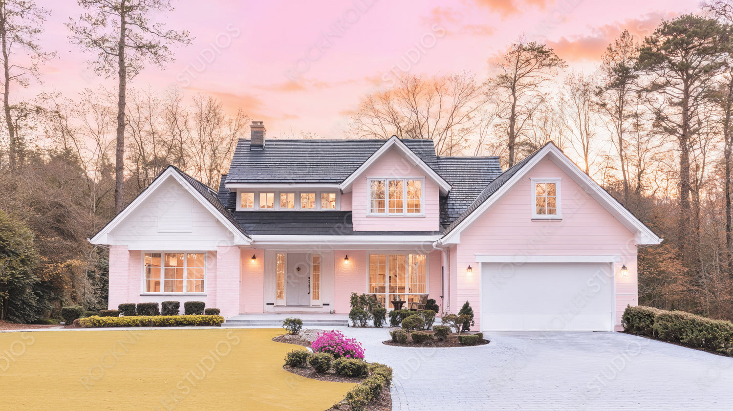 Twilight Elegance: Modern Suburban Home with Contemporary Design and Warm, Inviting Glow