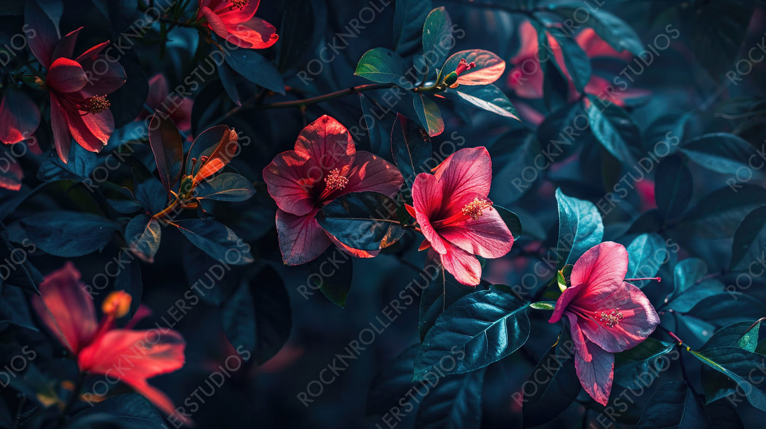 Vibrant Red Flowers in Foliage - Lush, Exotic Bloom