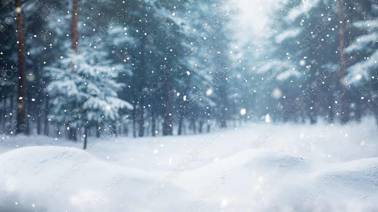 Winter forest with falling snow and frosted trees in a magical snow-covered wonderland