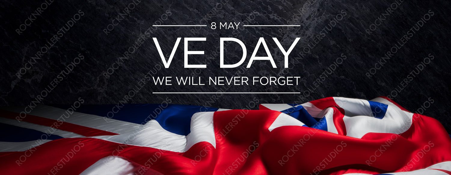 VE Day Tribute: Union Jack Flag & Commemorative Text on Dark Marble Background
