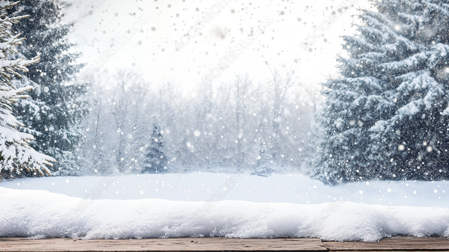 Snow-Covered Pine Trees and Winter Wonderland Scene with Falling Snow