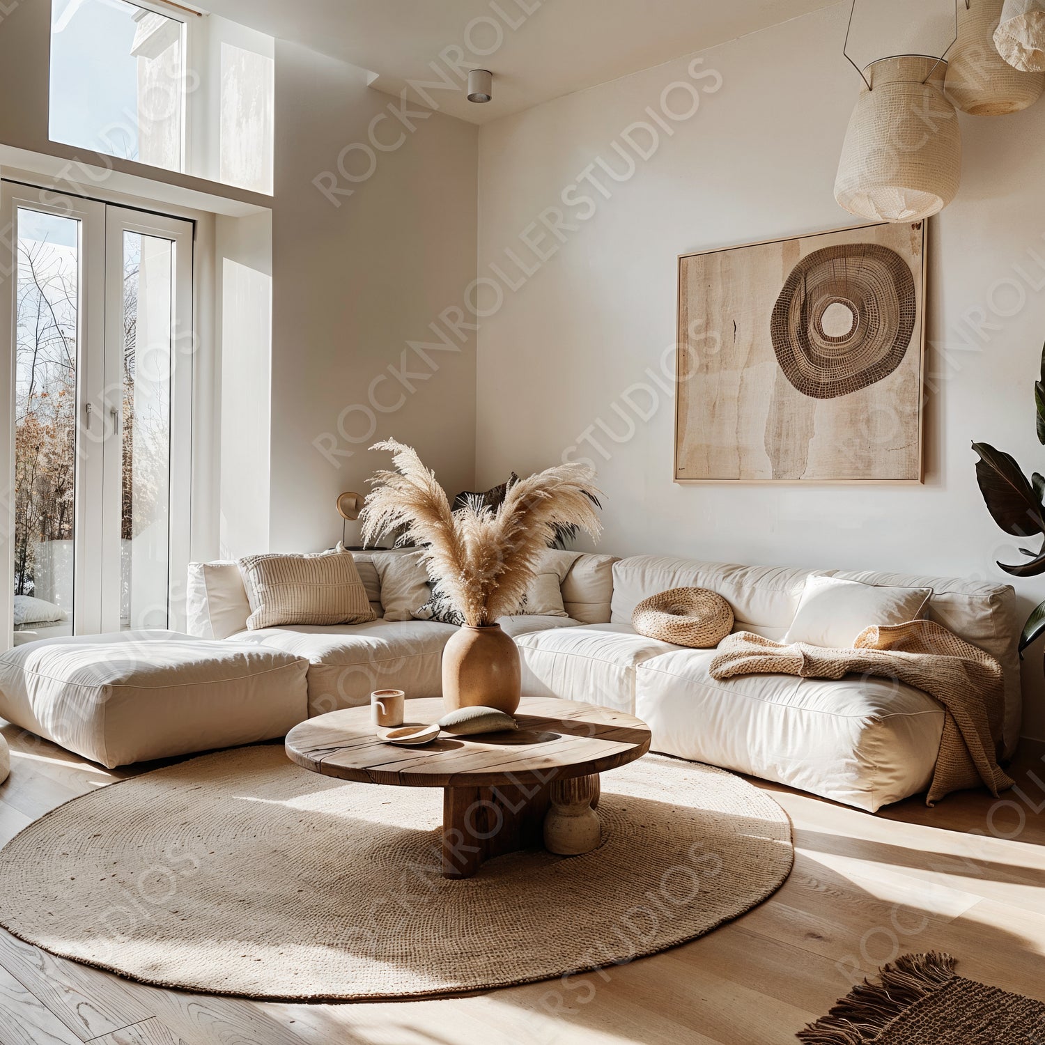 Serene Modern Living Room: Minimalist Design with Natural Light and Organic Elements