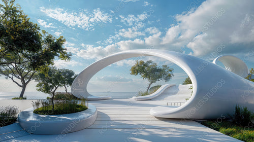 Futuristic White Architectural Design with Blue Sky