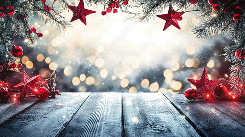 Festive Christmas Scene with Lights, Pine Branches, Ornaments, and Holly on Rustic Wooden Table