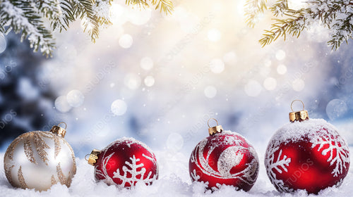 Snow-Covered Christmas Ornaments in the Snow with a Pine Tree and Sparkling Lights