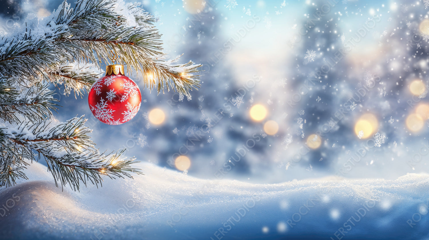 Snow-Covered Pine Branch with a Red Ornament in a Winter Wonderland Setting with Snowflakes