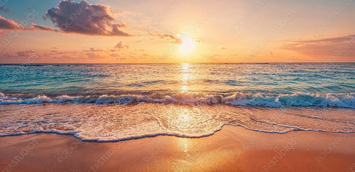 Wanderlust concept with Inspirational Sunset Beach. Relaxing Vacation Resort.