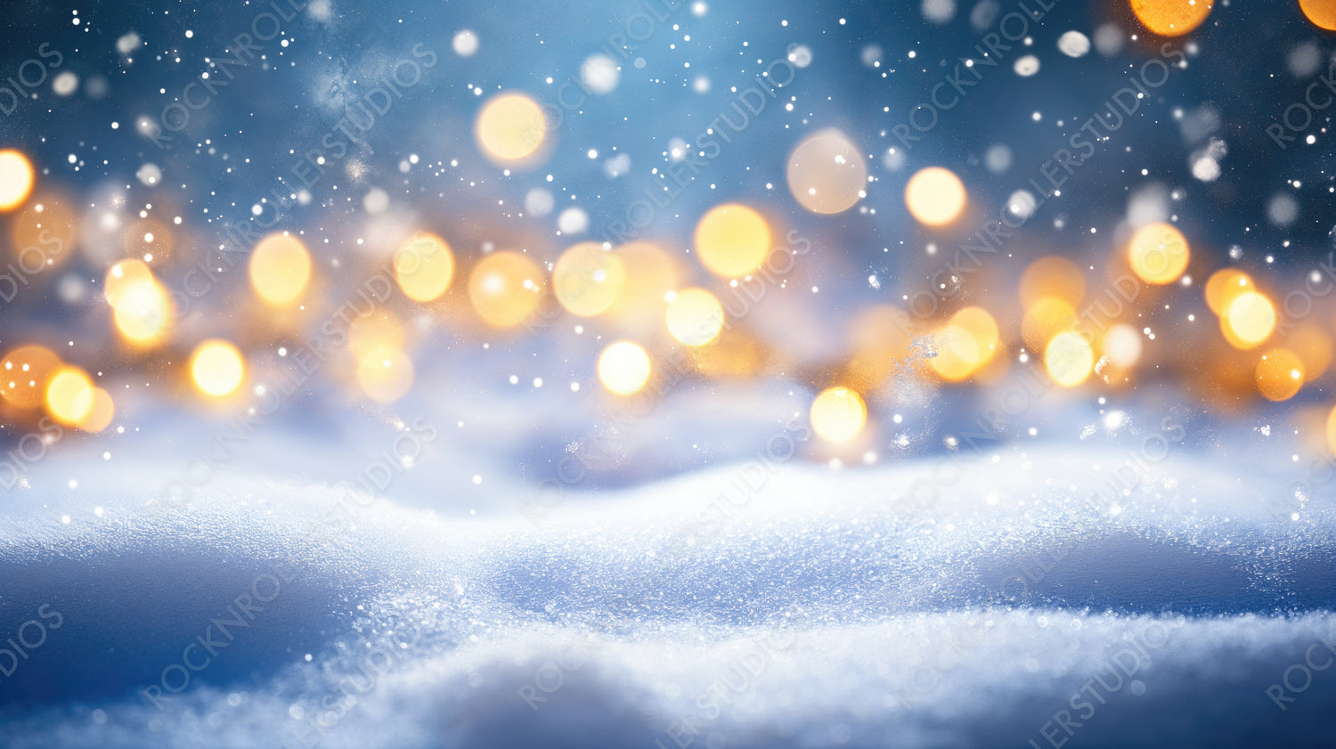 Dreamy Snowfall with Twinkling Lights Over Winter Snowdrifts